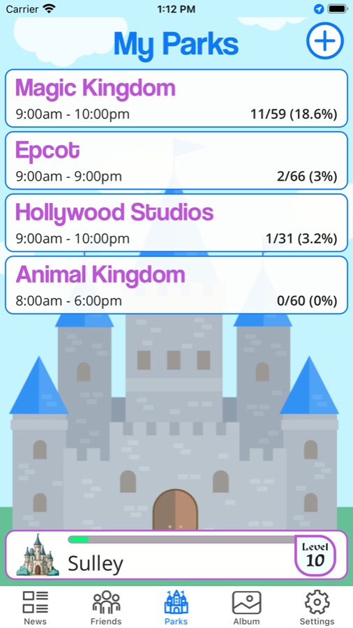 Mousing Around: My Parks screen showing park hours and progress