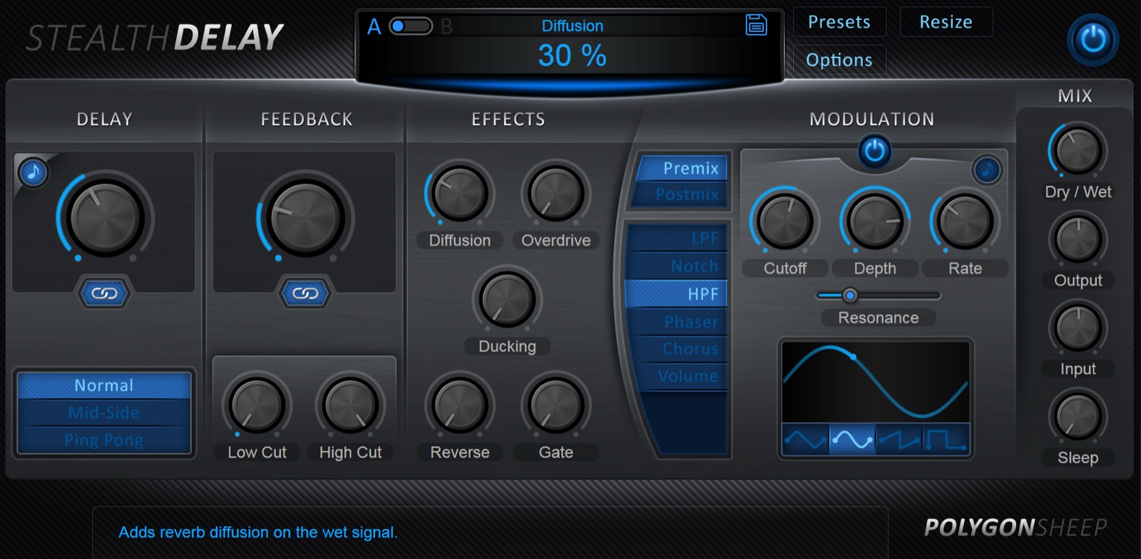 Stealth Delay plugin interface in the blue color scheme